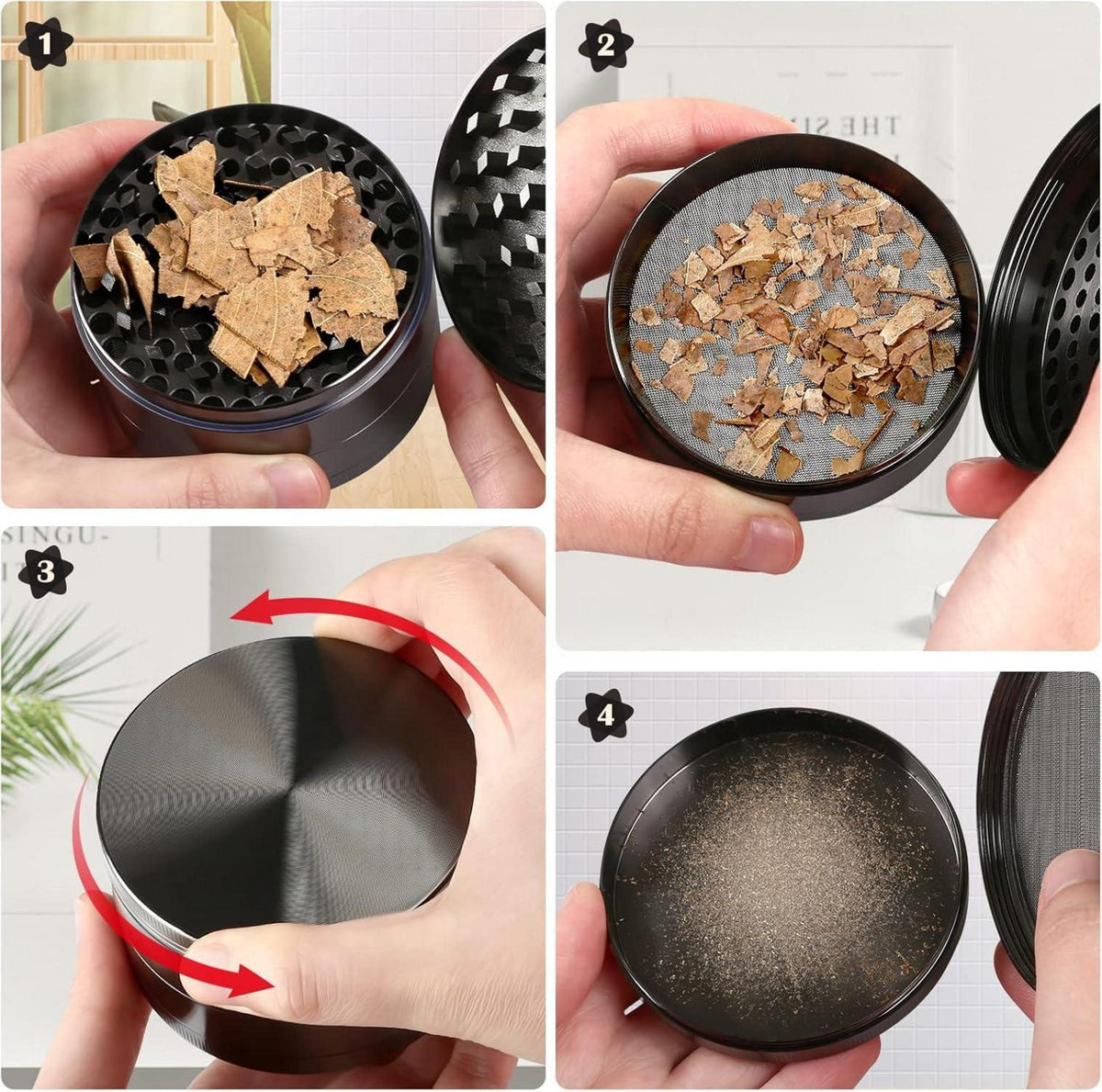 Kräutermühle 75mm Pollen Grinder 4-teilig Set Zinklegierung Nickel-Schwarz