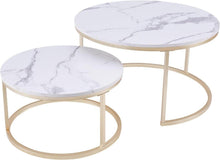 Runder Couchtisch 2er Set Metallgestell Weiß Gold Marmor Optik
