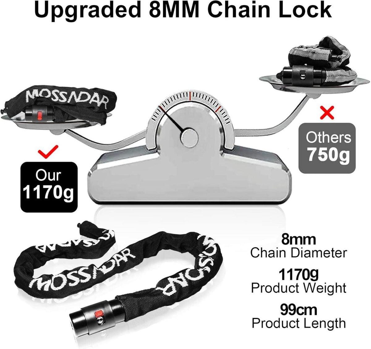 Fahrradschloss Hohe Sicherheit 8mm 1170g 99cm Schwarz