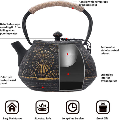 Gusseisen-Teekanne mit Infuser, 1200ml, Sakura-Design, emailliert, 40oz Schwarz
