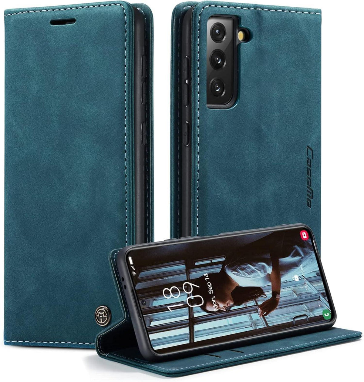 Handyhülle Samsung Galaxy S21 5G Leder Kartenfach Magnet Blaugrün