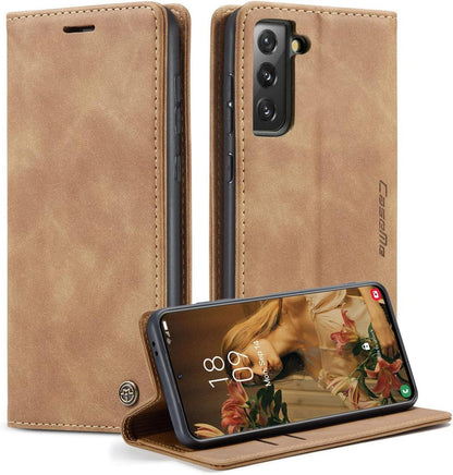CaseMe Samsung Galaxy S21 5G Handyhülle Leder Flip Braun