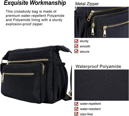 Dobsechs Nylon Umhängetasche Damen Schwarz Crossbody Bag 28x14x19cm