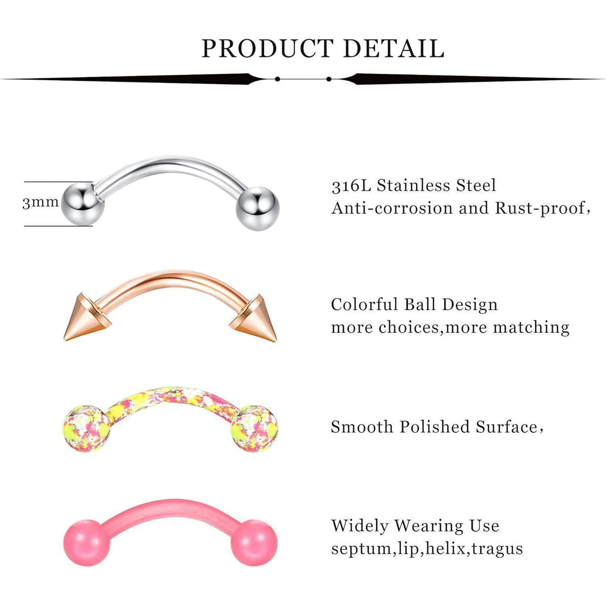 Edelstahl Piercing Set 20-teilig für Augenbrauen, Lippe, Helix