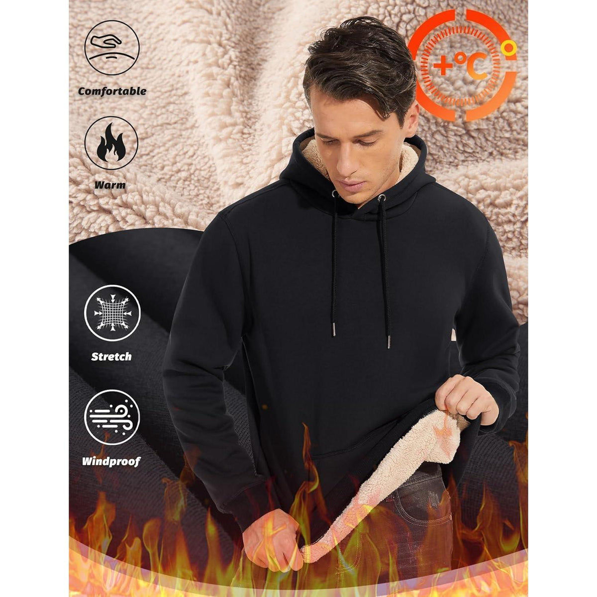Herren Sherpa Hoodie mit Kängurutasche – Warm & Winddicht – Schwarz XXL