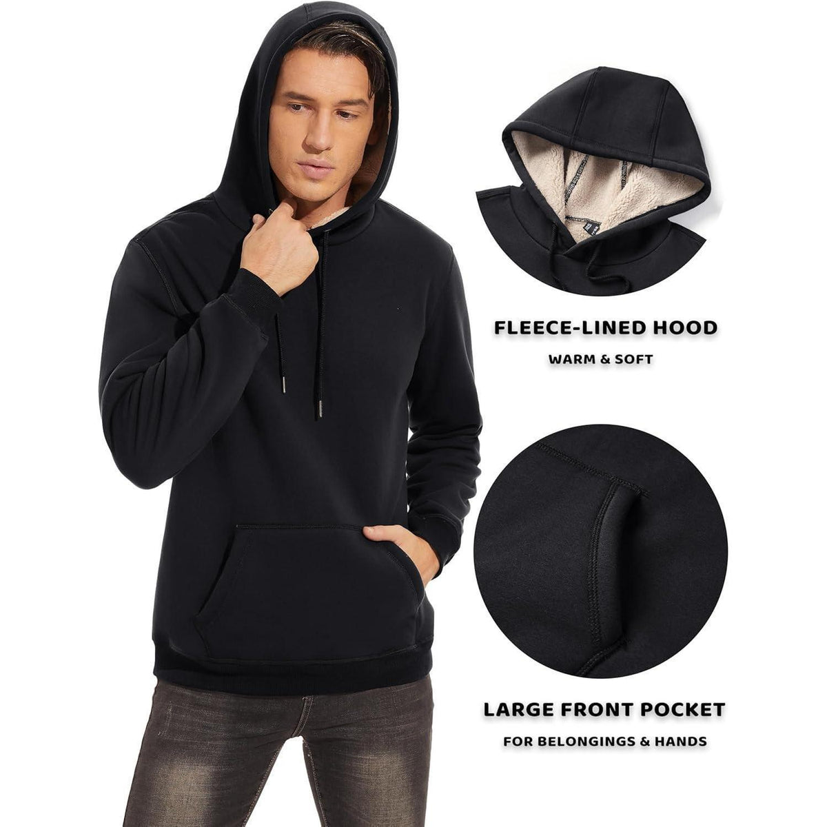 Herren Sherpa Hoodie mit Kängurutasche – Warm & Winddicht – Schwarz XXL