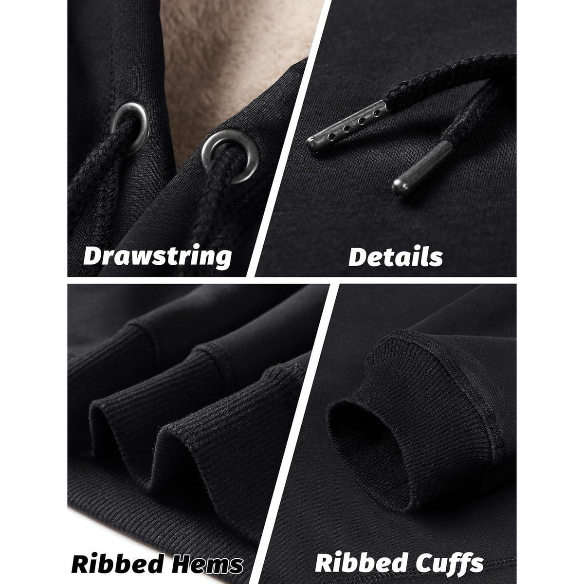 Herren Sherpa Hoodie mit Kängurutasche – Warm & Winddicht – Schwarz XXL