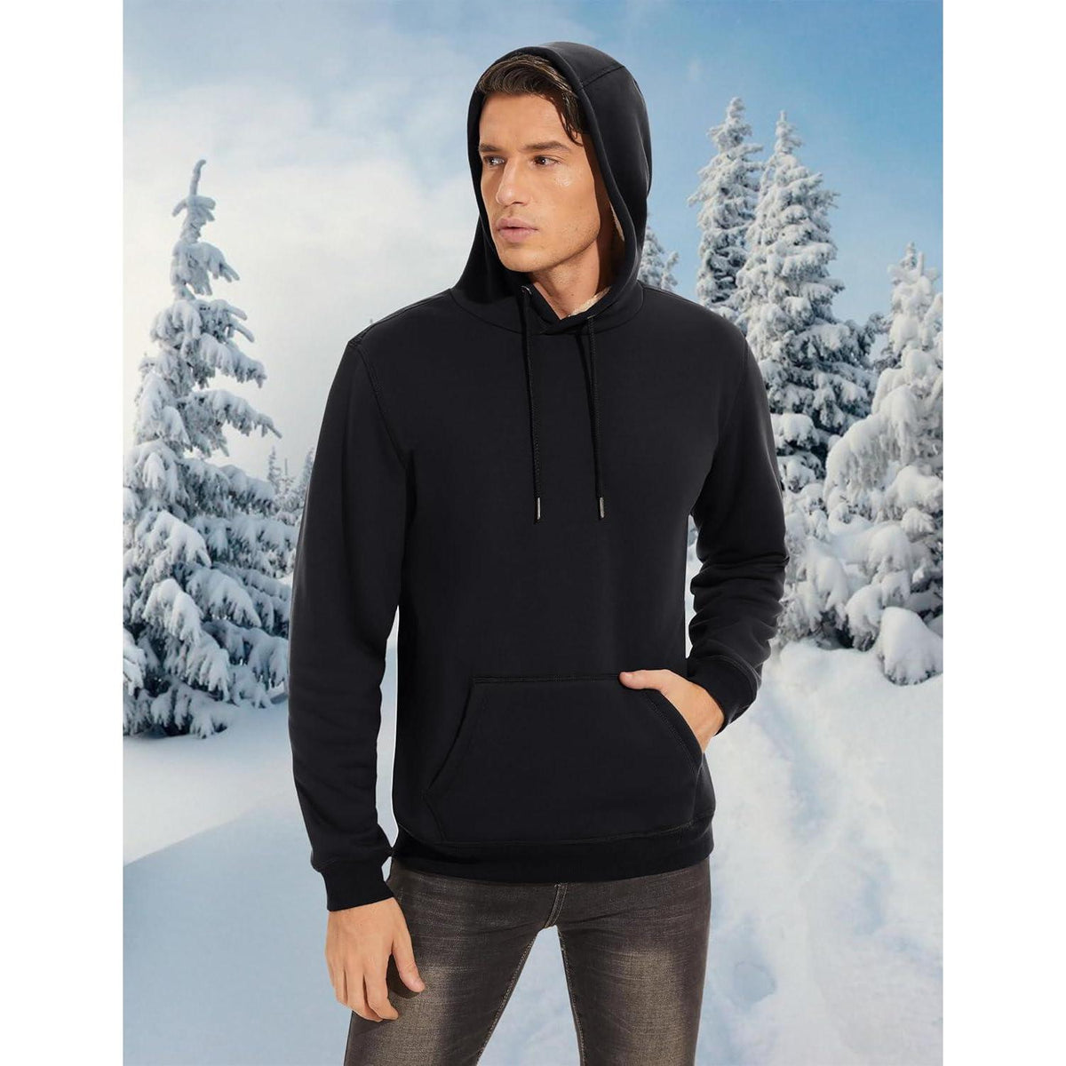 Herren Sherpa Hoodie mit Kängurutasche – Warm & Winddicht – Schwarz XXL