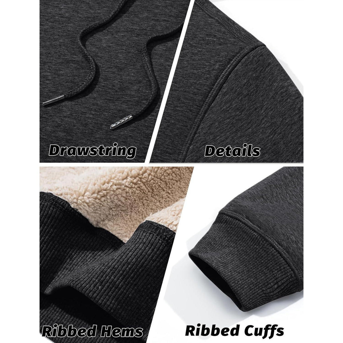 Herren Sherpa Hoodie mit Kängurutasche, warm gefüttert, Dunkelgrau XXL