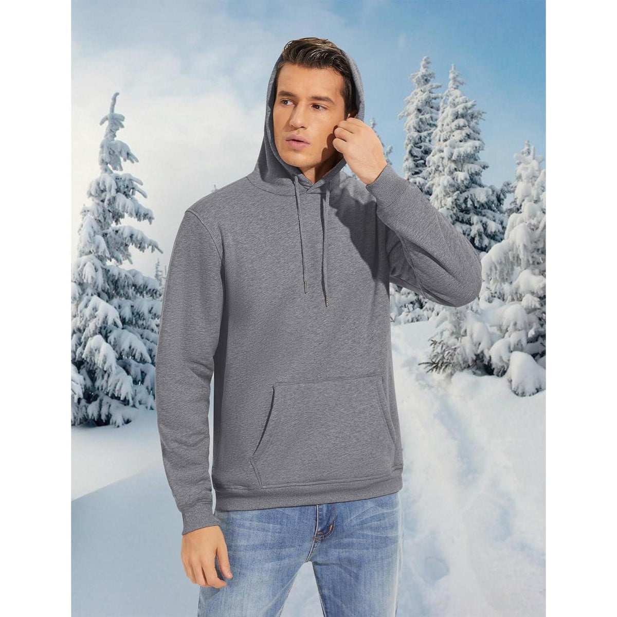 Herren Sherpa Hoodie – Dickes Fleece, winddicht, warm, Hellgrau