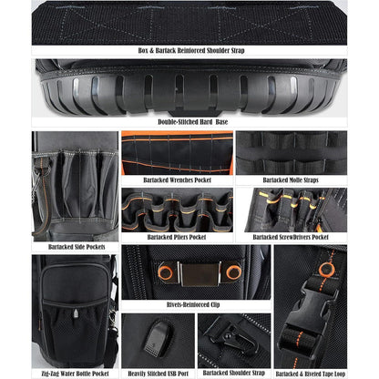 Werkzeugrucksack mit Rollen, 72 Taschen, Schwarz/Orange, L