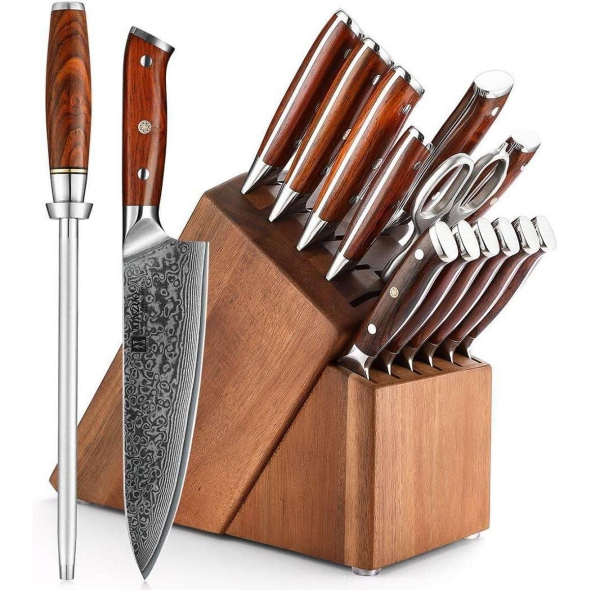 15-teiliges Damaststahl Messerblock Set mit Wetzstahl & Schere