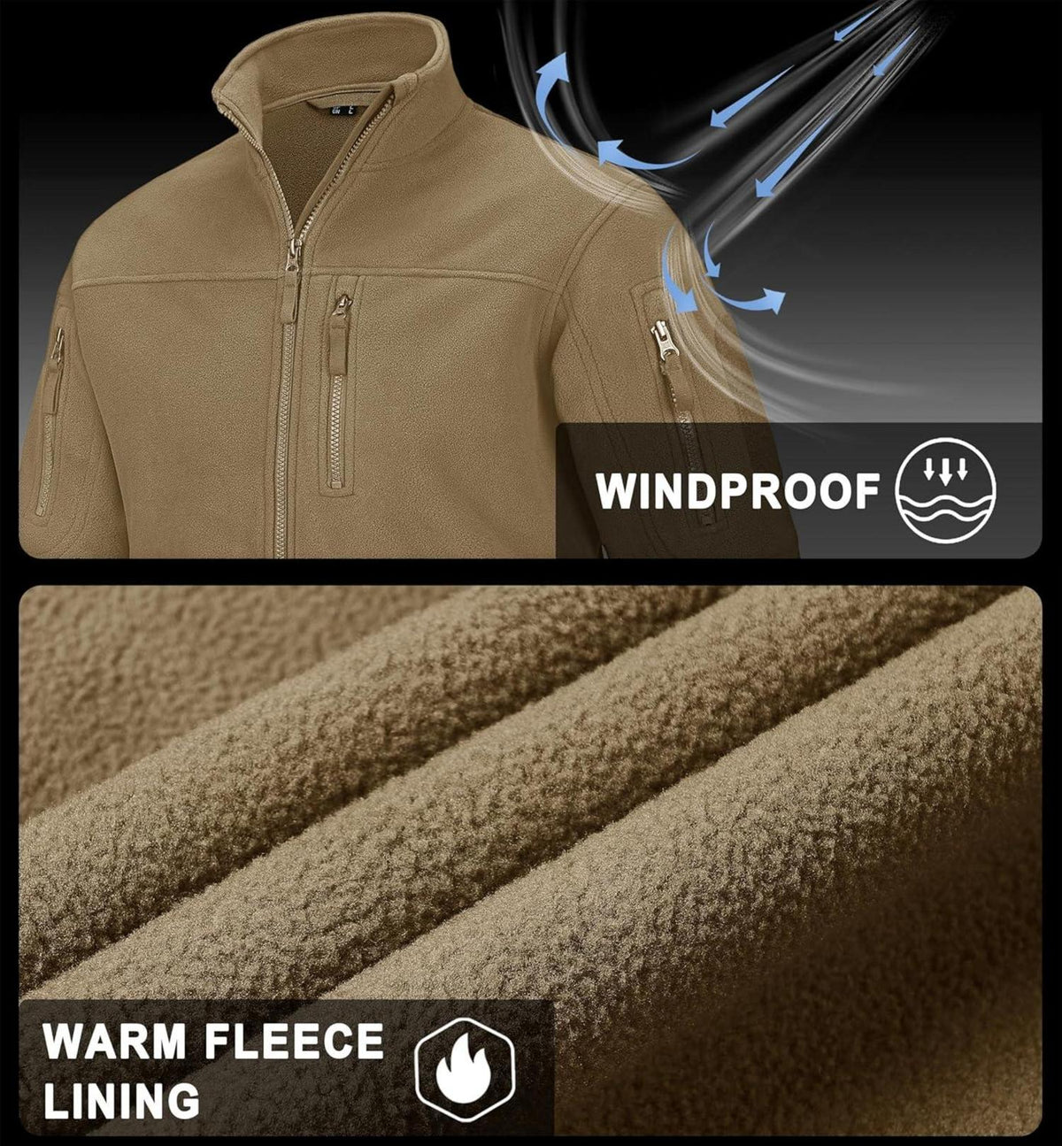Outdoor Fleecejacke mit 7 Taschen Winddicht Warme Stehkragen Jagdjacke