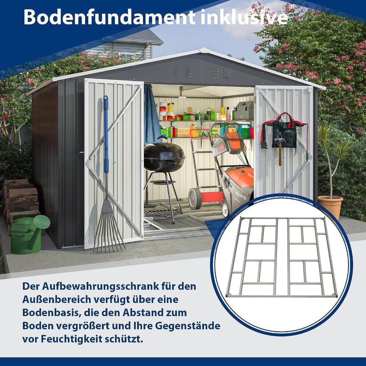 Gerätehaus Metall 300x250 cm mit Fundamentrahmen & Türverschluss