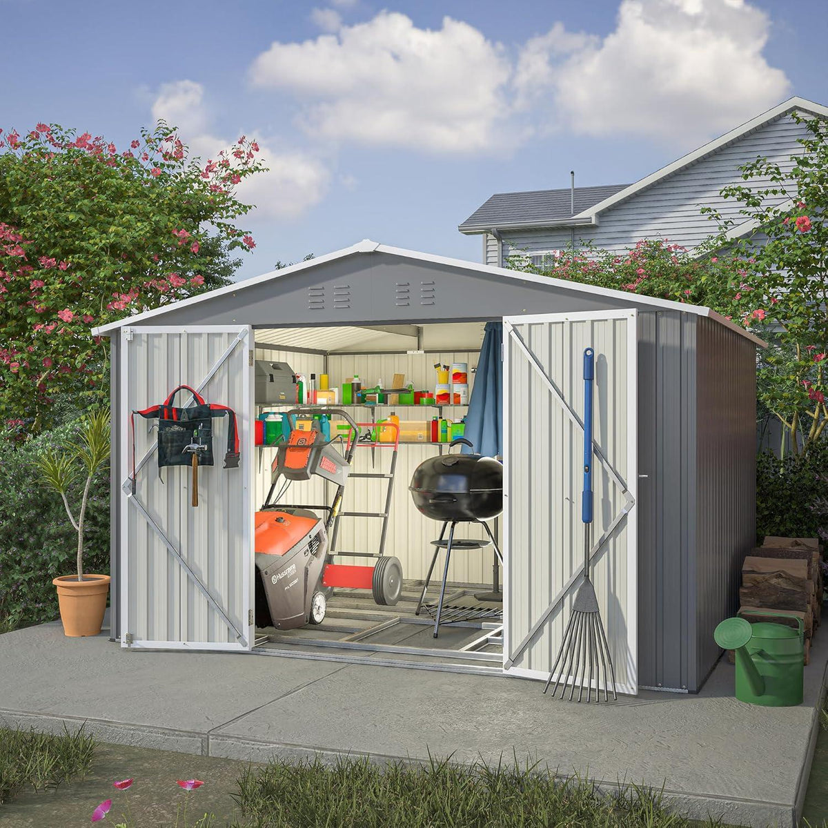 Großes Gerätehaus 8x10ft mit Fundamentrahmen & Satteldach