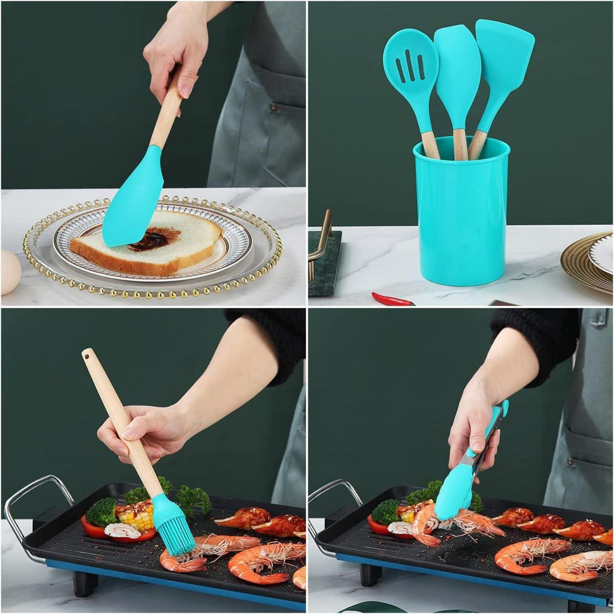 Silikon Küchenutensilien Set 38-teilig Holzgriff Utensilienhalter Blau