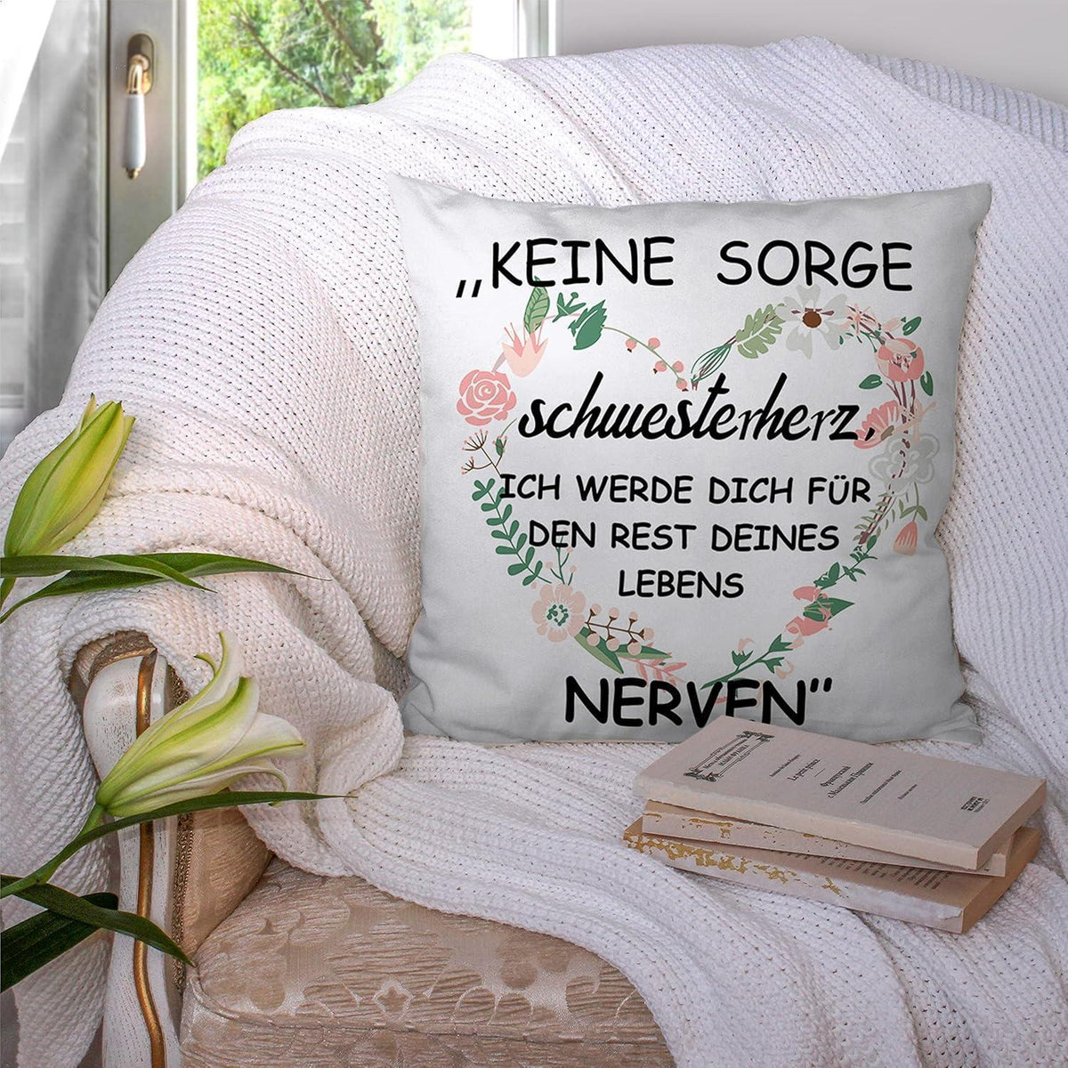 Kissenbezug Schwester Geschenk – Weiß 45x45cm