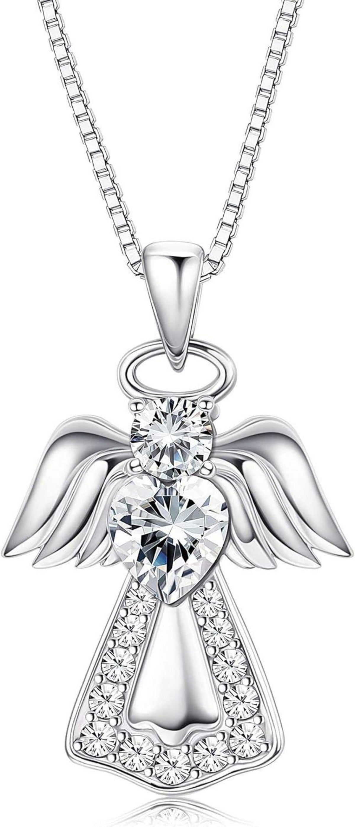 Schutzengel Anhänger Kette 925 Silber Kristall Herz Halskette