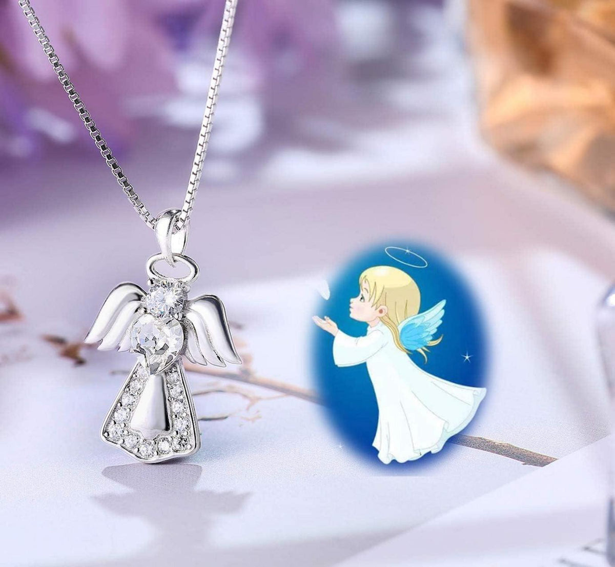 925 Silber Schutzengel Anhänger Kette Kristall Halskette für Mädchen Damen