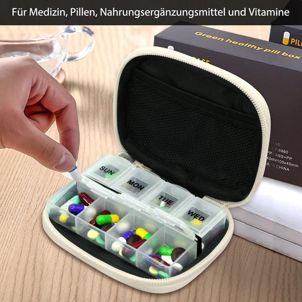 7-Tage Pillendose mit Stofftasche – Blüte 02