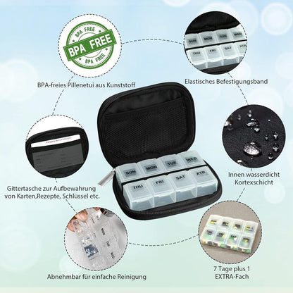 Tablettenbox 7 Tage Medikamentenbox Pillenbox Reißverschluss Stofftasche - Schwarz