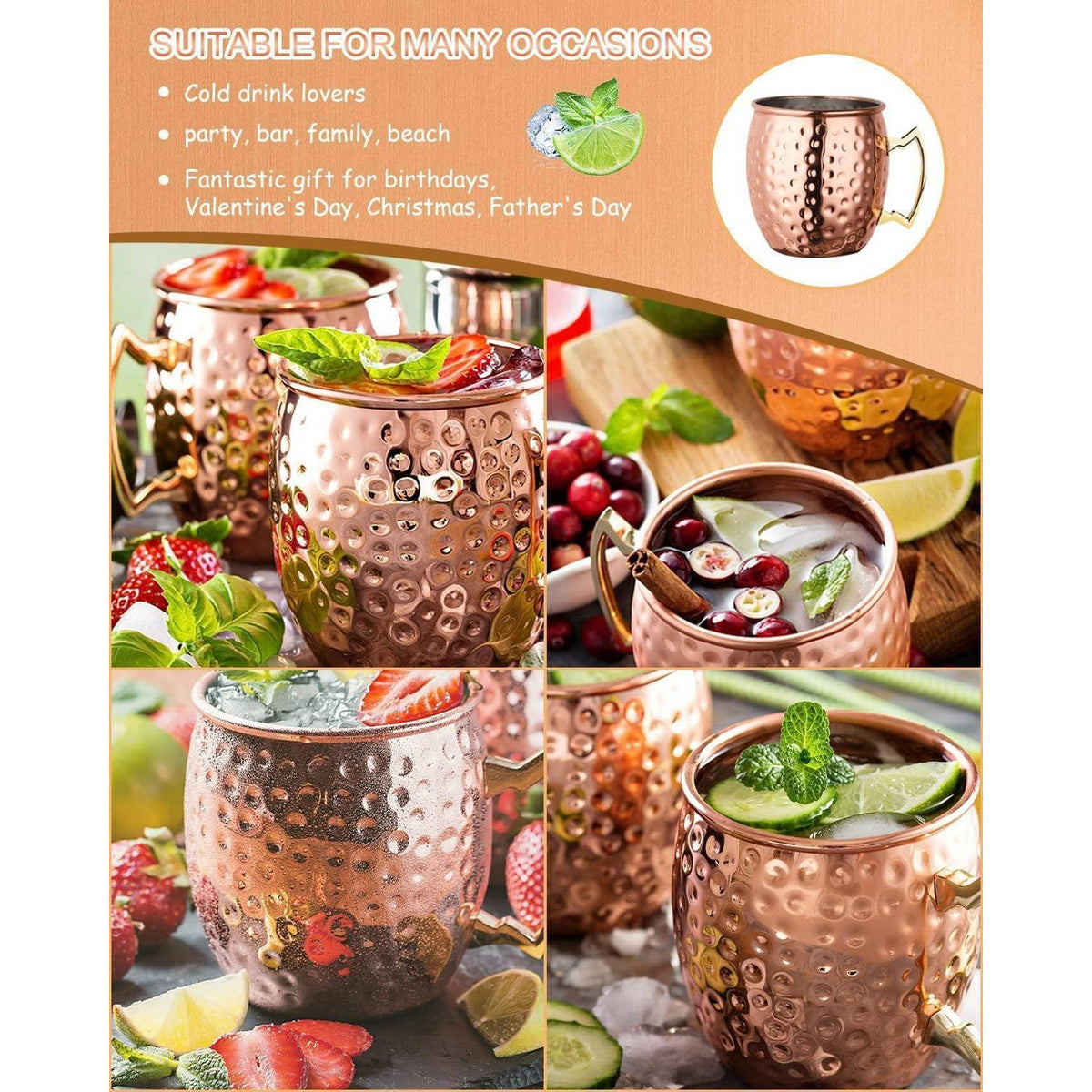 Moscow Mule Becher Set 4er mit Zubehör, Kupferoptik