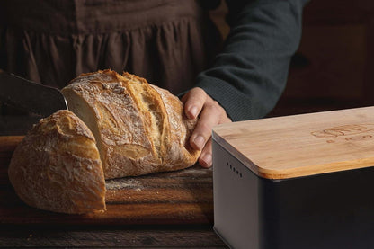 Brotkasten mit Schneidebrett Schwarz Holzdeckel Leinen Brotbeutel