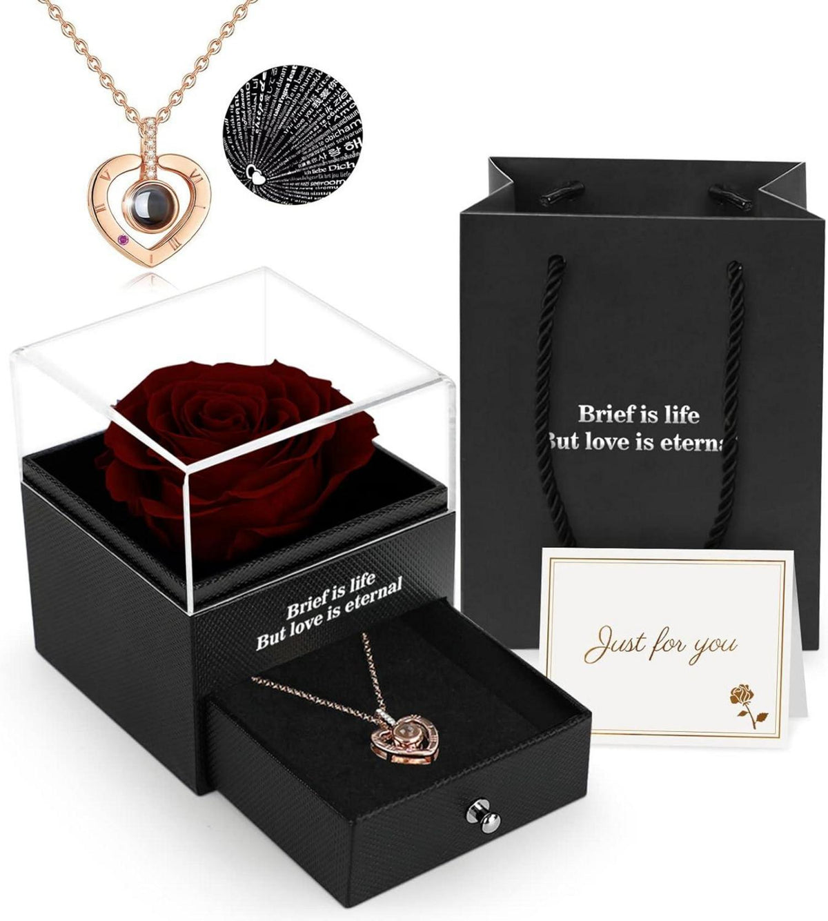 Ewige Rose mit I Love You Anhänger Geschenkbox Weinrot