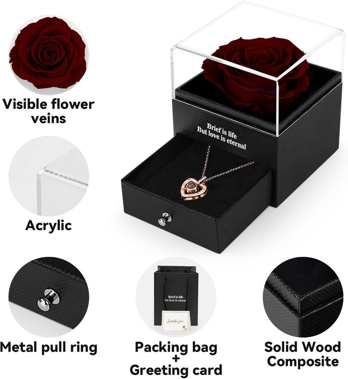 ADAZ Ewige echte Rose mit I Love You Halskette in Geschenkbox - Weinrot