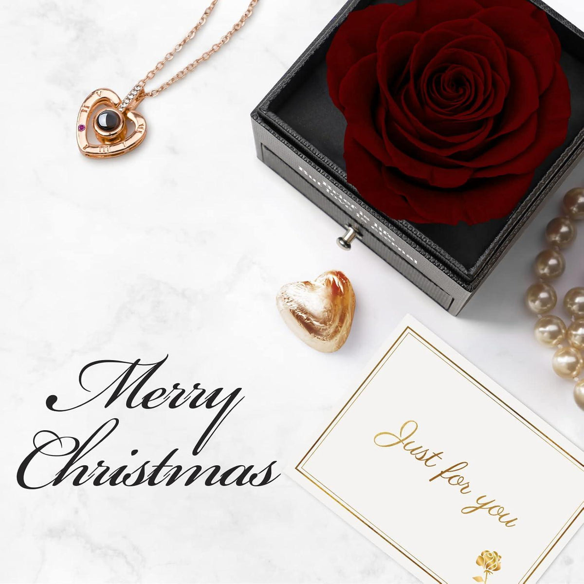 Ewige echte Rose mit I Love You Halskette in Weinrot-Geschenkbox