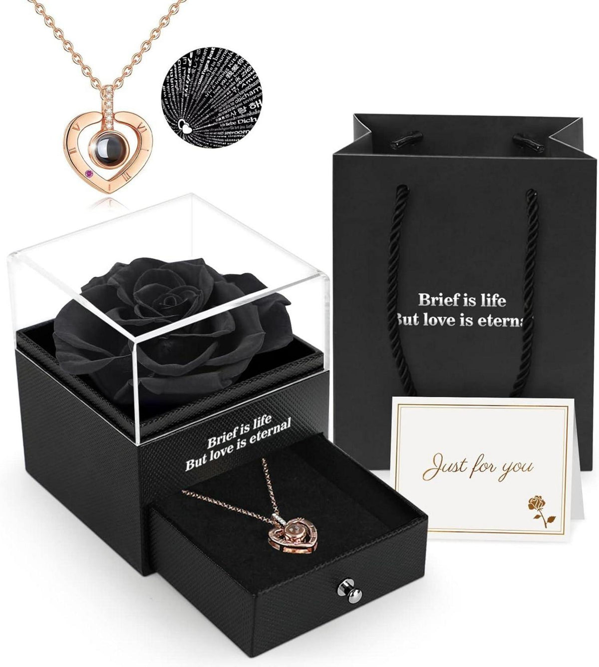 Ewige Rose mit I Love You Halskette in Geschenkbox, Schwarz