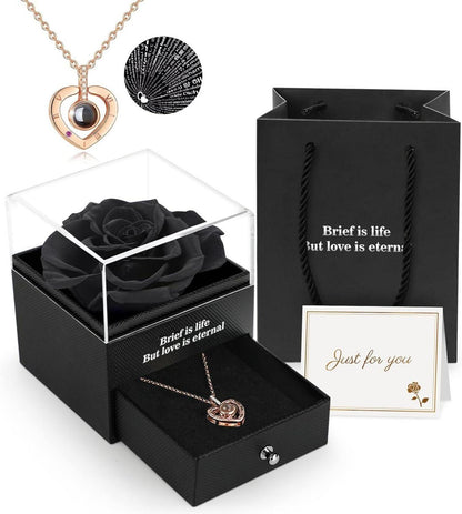 Ewige Rose mit I Love You Halskette in Geschenkbox, Schwarz