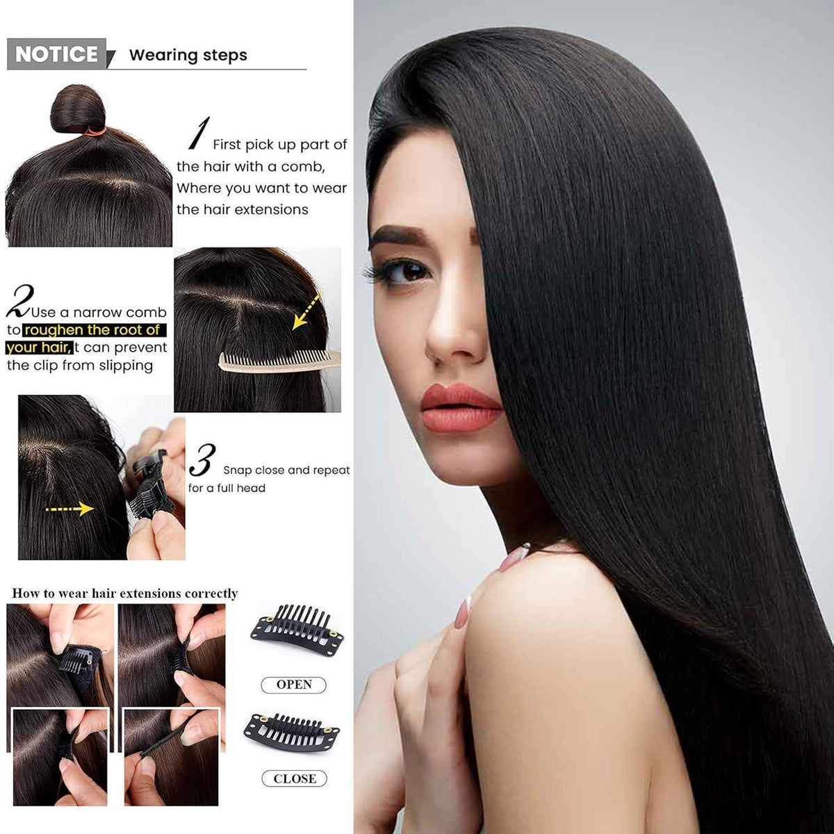 60cm Clip in Haarverlängerung Schwarz - Voluminös & Lang