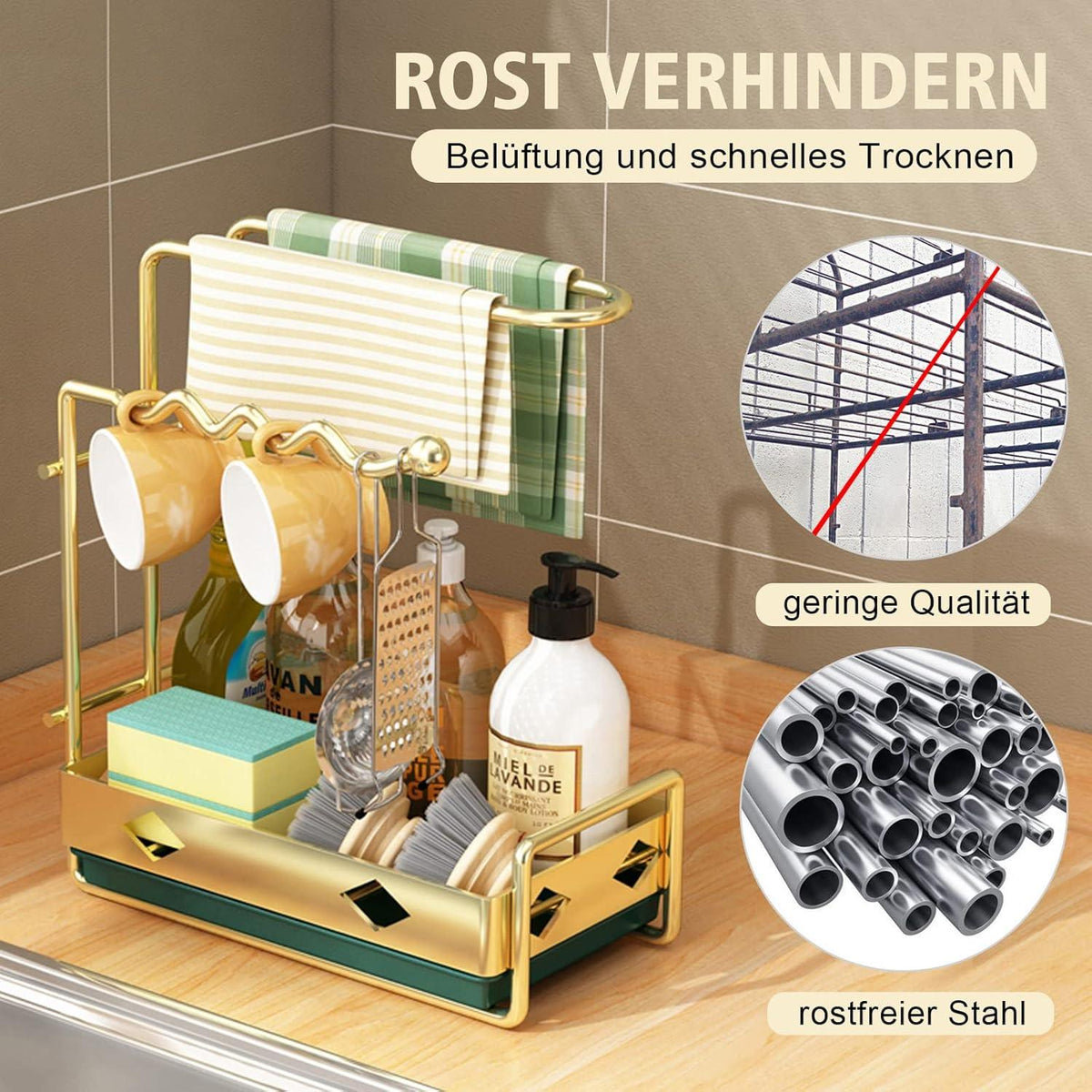 Spülbecken Organizer mit Spültuchhalter und Abtropfwanne Gold