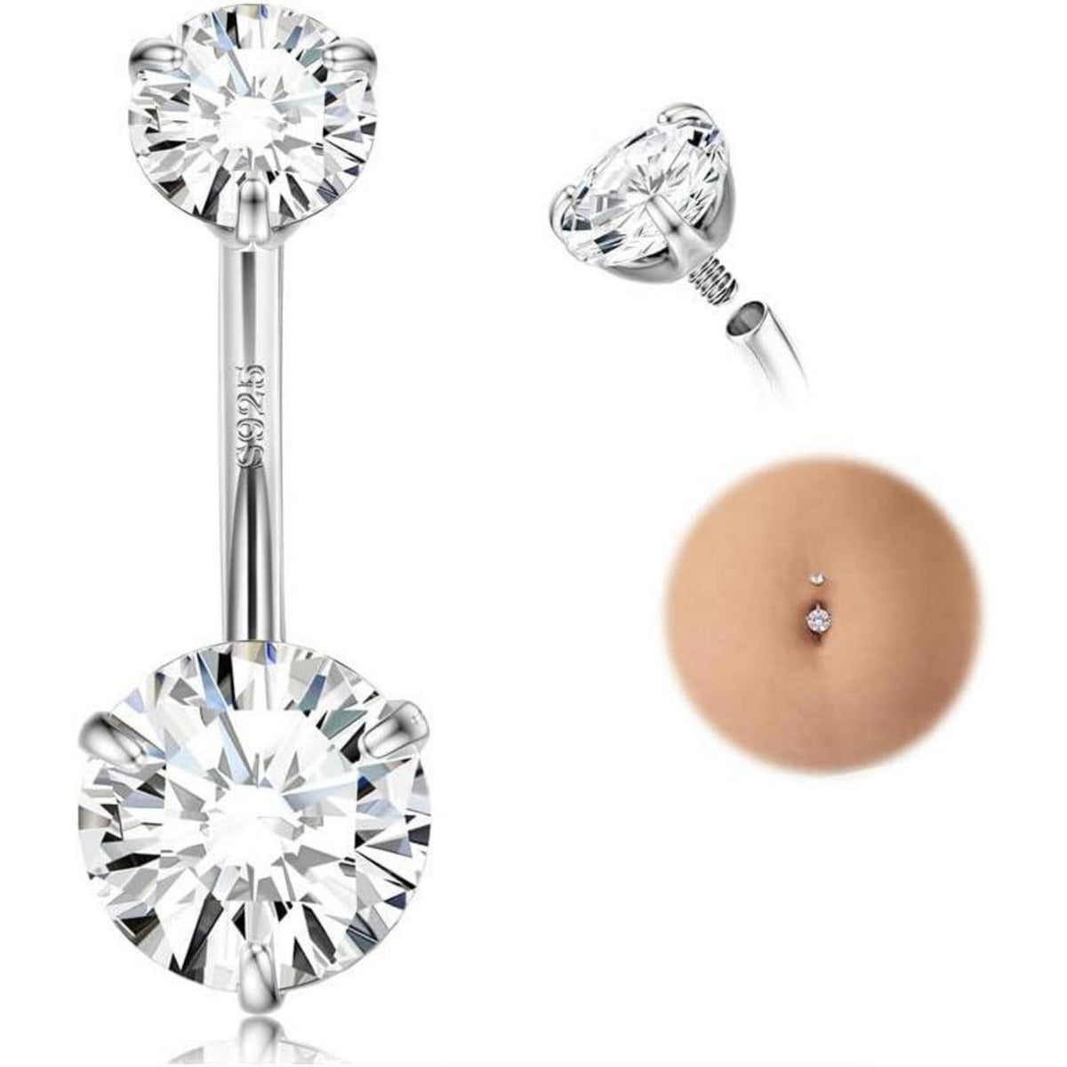 925 Sterling Silber Bauchnabelring mit Kristall, 14G Hypoallergen