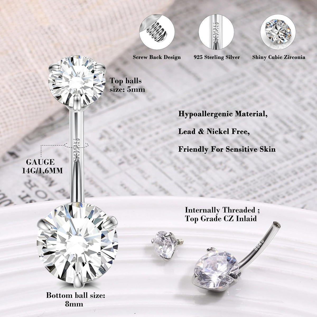 925 Sterling Silber Bauchnabelring mit Kristall, 14G Hypoallergen