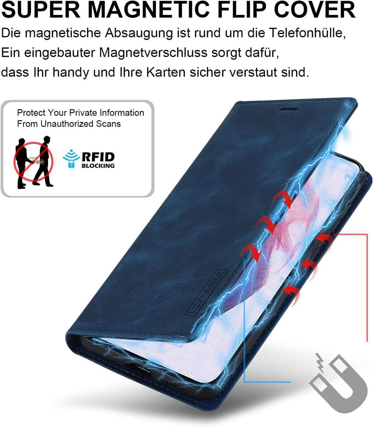 Handyhülle Samsung Galaxy S21 Leder Wallet Flip Case Klapphülle Blau