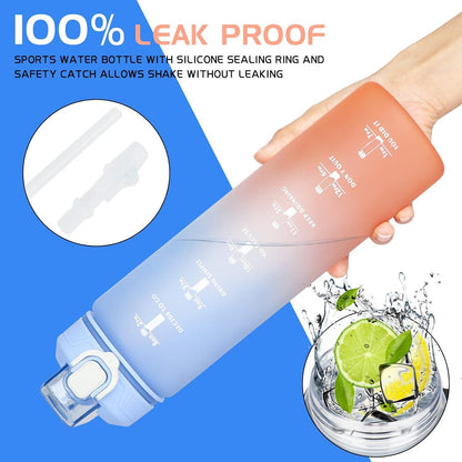 Trinkflasche 1L mit Strohhalm und Zeitmarkierung, BPA-frei