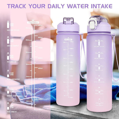 CodiCile Trinkflasche 1L mit Strohhalm, Zeitmarkierung und