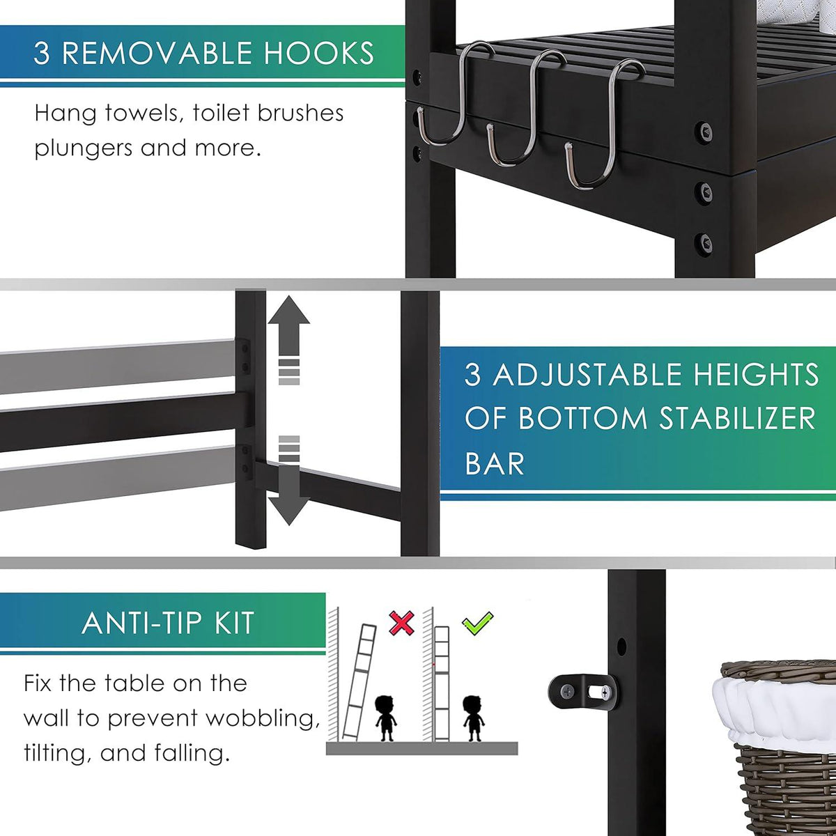 Bambus Badezimmerregal WC Organizer 3-stufig verstellbar 63x26x170cm