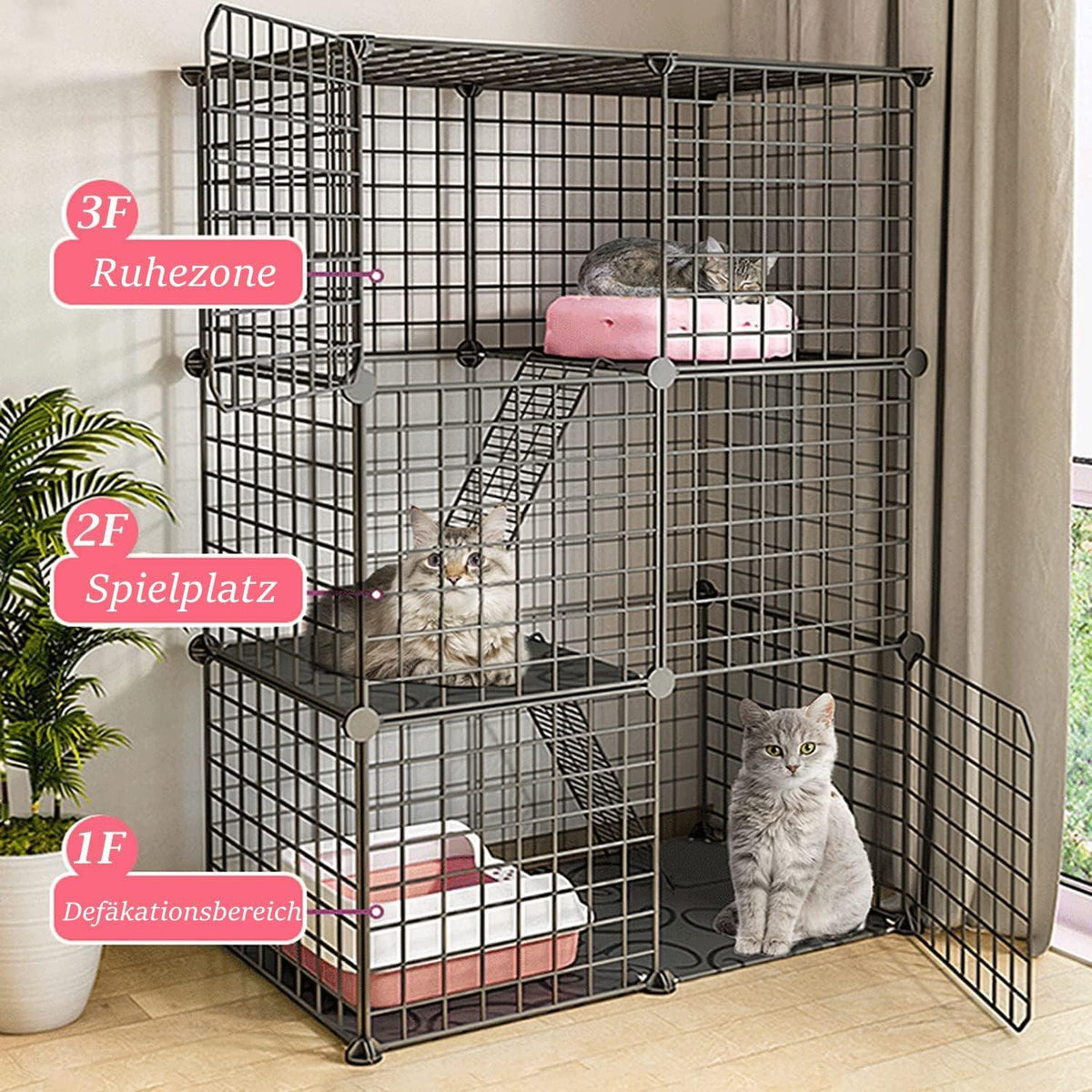 Katzengehege 3-stöckig 109 x 75 x 39 cm Schwarz Metall Outdoor