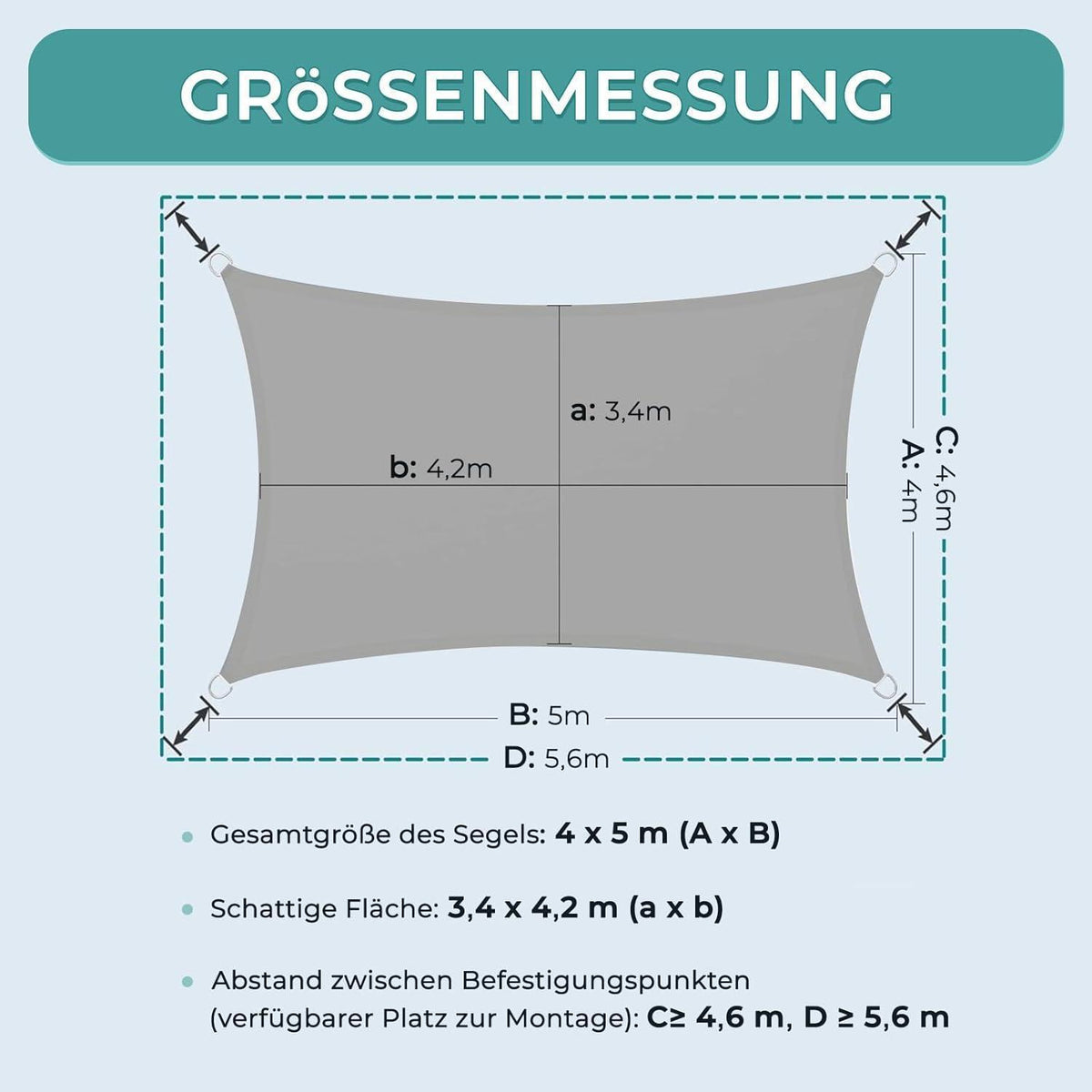 Wasserdichtes Sonnensegel 4x5m Grau mit Befestigungsseilen