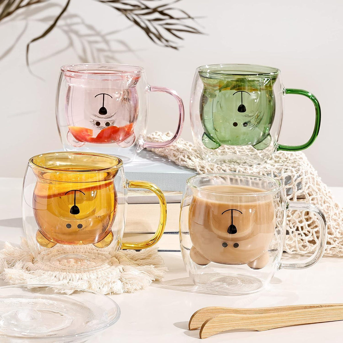Niedliche Bären Becher 2er-Set 250ml doppelwandiges Glas Griff Valentinstag