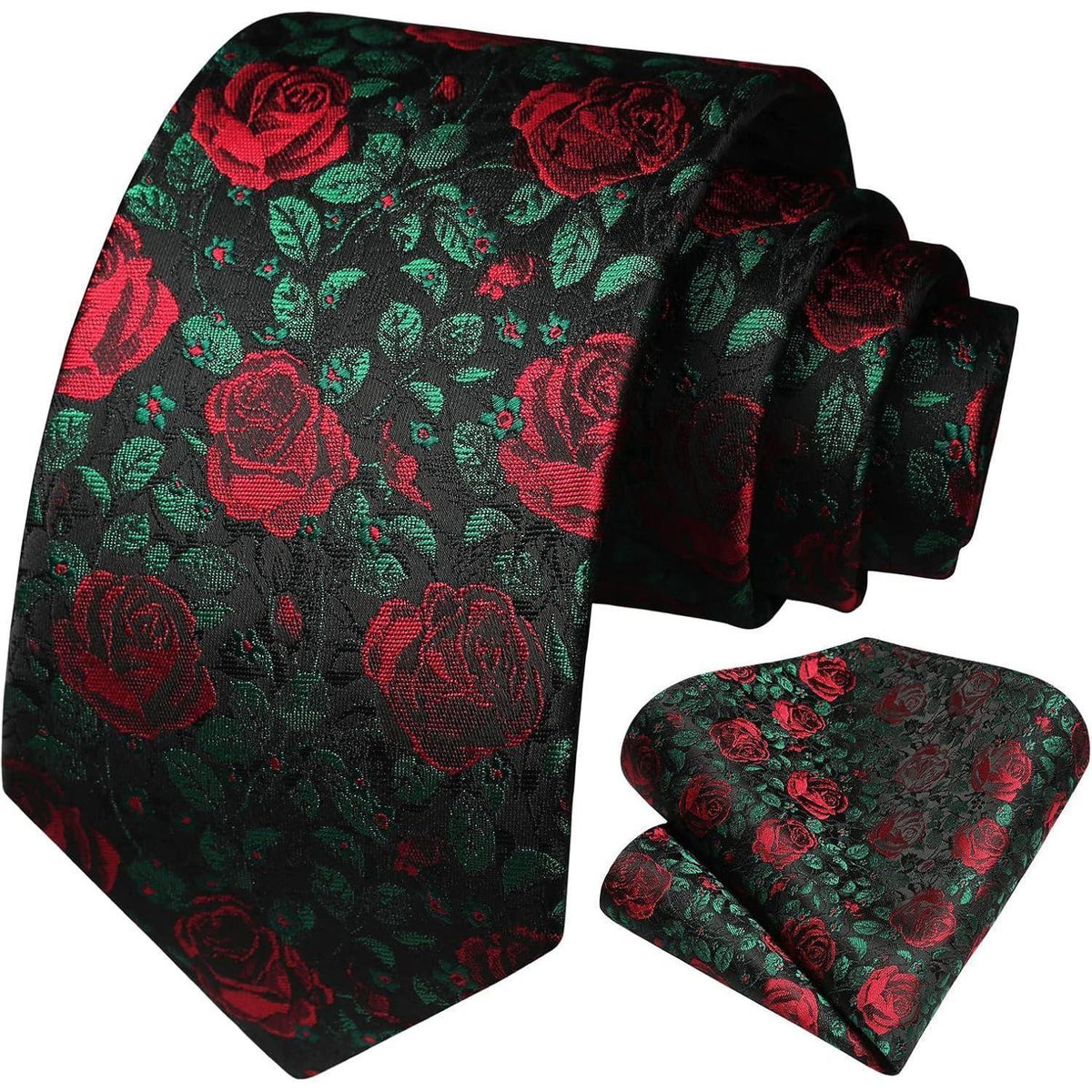 Krawatten-Set mit Einstecktuch, Seide, floral, Y-Schwarz-Rose