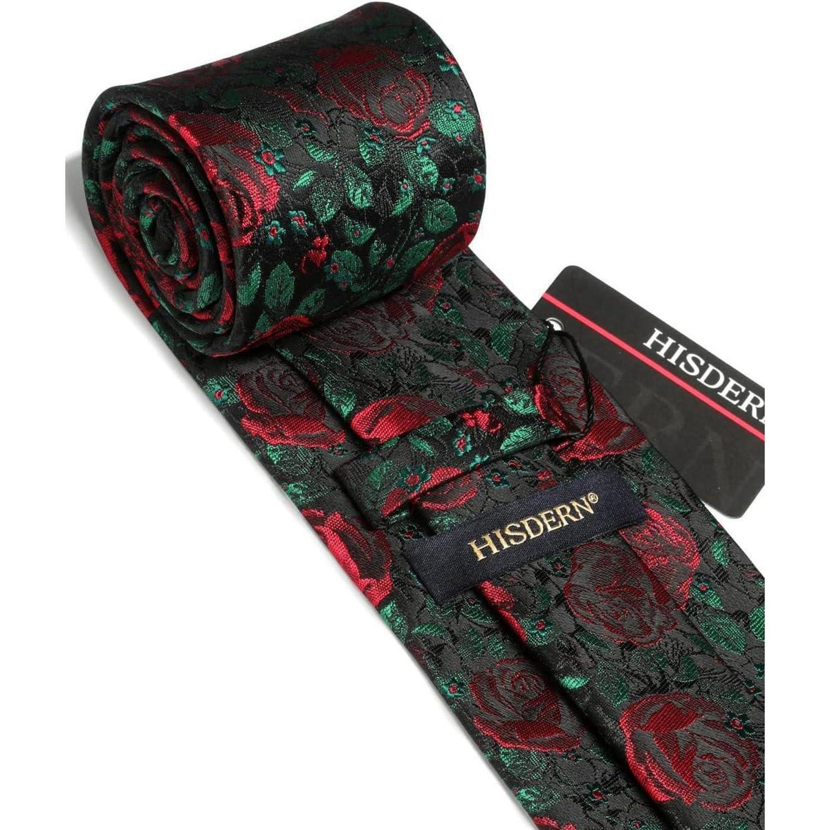 Krawatten-Set mit Einstecktuch, Seide, floral, Y-Schwarz-Rose