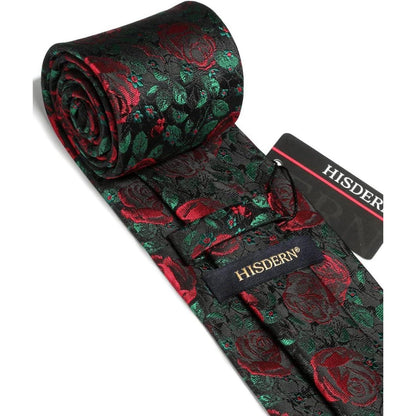 Krawatten-Set mit Einstecktuch, Seide, floral, Y-Schwarz-Rose