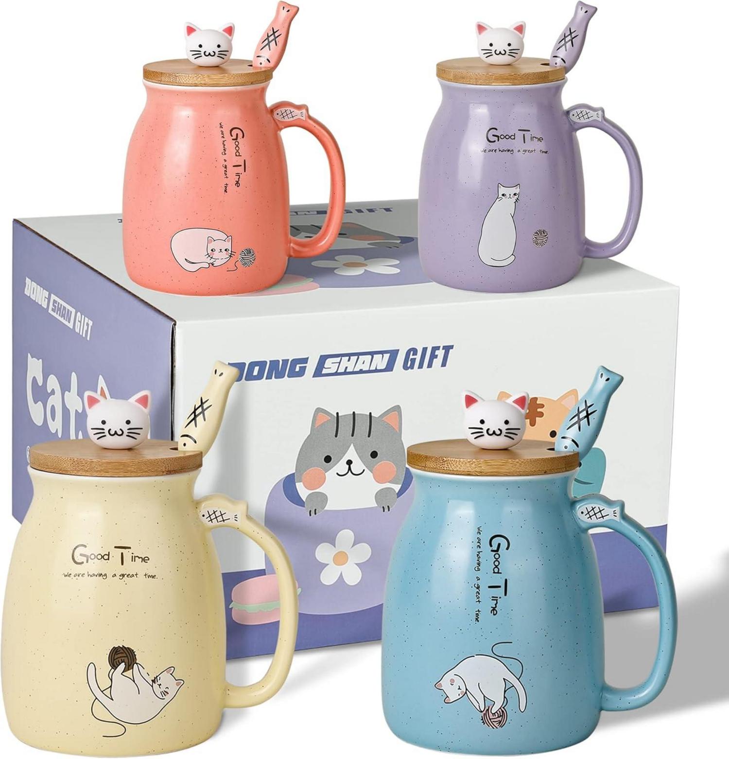 Süße Katzenbecher-Set Keramik mit Bambusdeckel und Löffel