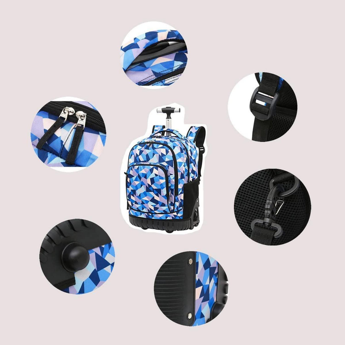 Schultrolley Rucksack mit Rollen – Navy Blau, 32x22x48cm