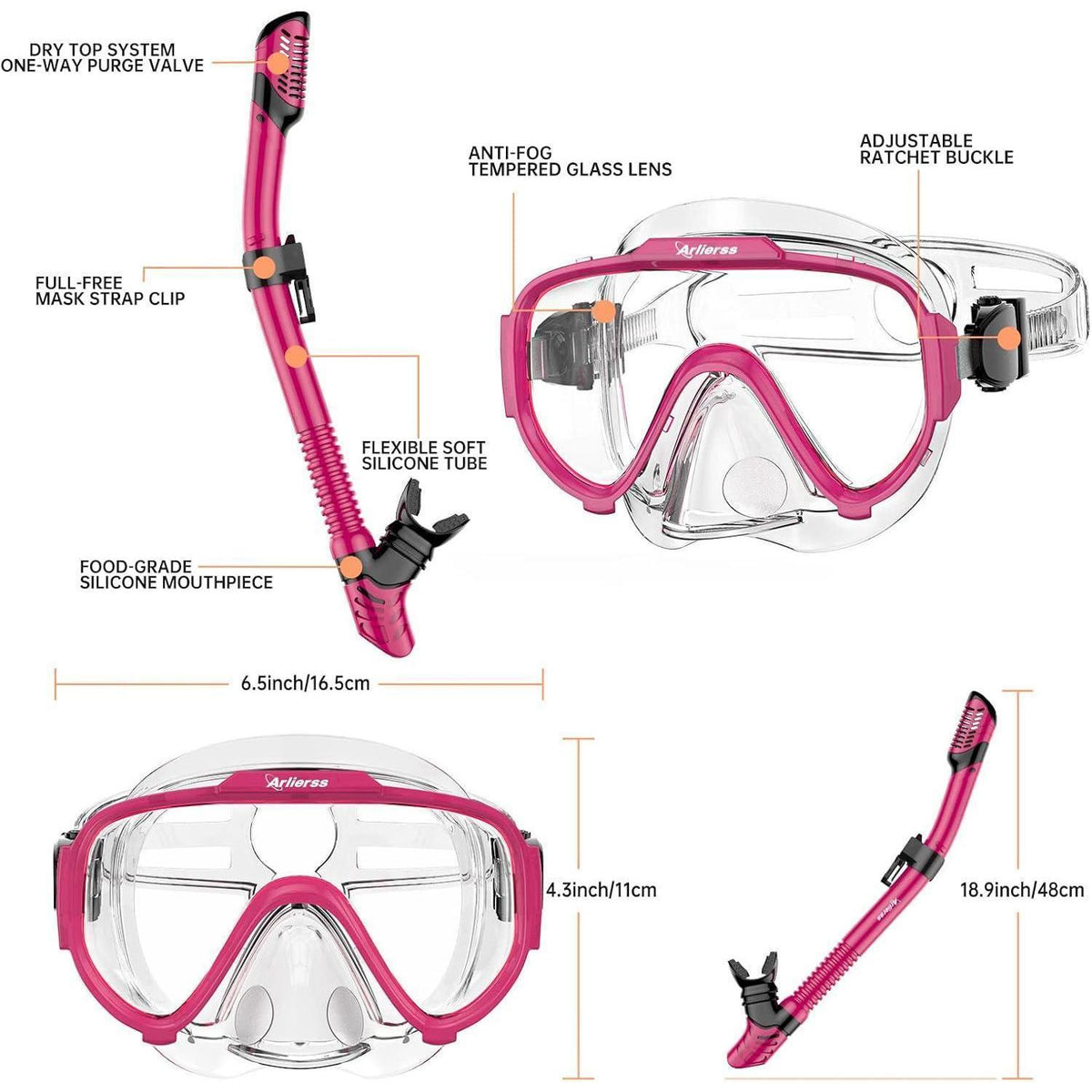 Schnorchelset Erwachsene mit Panorama Maske und Dry Schnorchel – Rosa