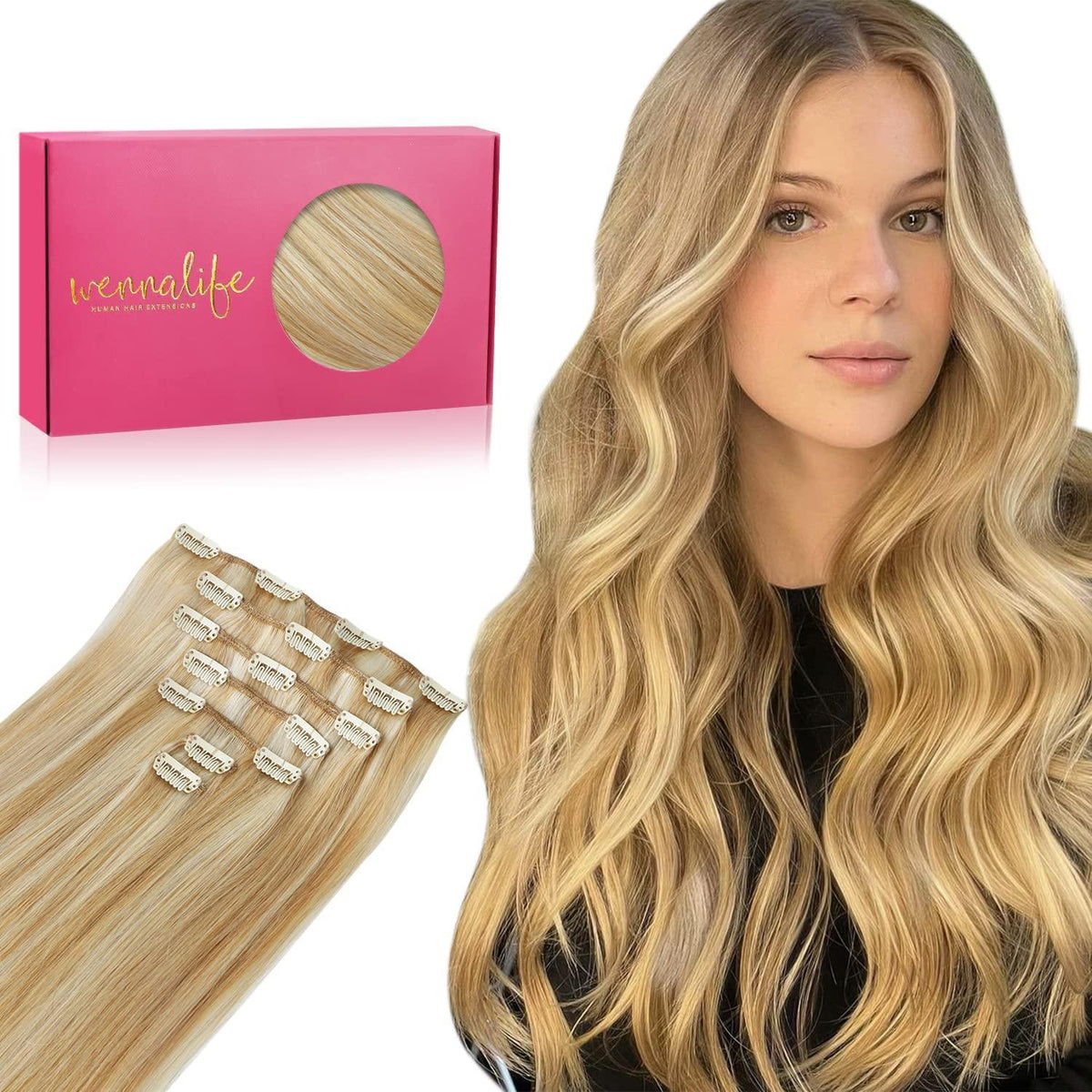 Echthaar Clip-in Extensions Karamellblond Highlights 50cm